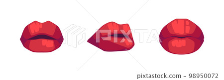 Plump Women Lips with Bright Red Lipstick. Sensual Female Mouths Open Slightly and Buttonhole Icons. Vector Illustration 98950072