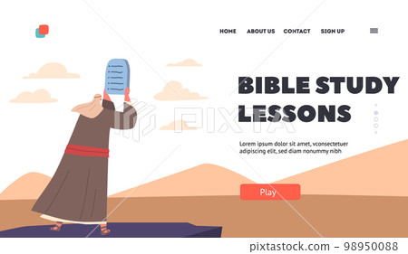 Bible Study Lessons Landing Page Template. Moses Character Holding Tablets of Stone with Ten Commandments at Mount Sinai Bible Study Lessons Landing Page Template. Moses Character Holding Tablets of Stone with Ten Commandments at Mount Sinai 98950088