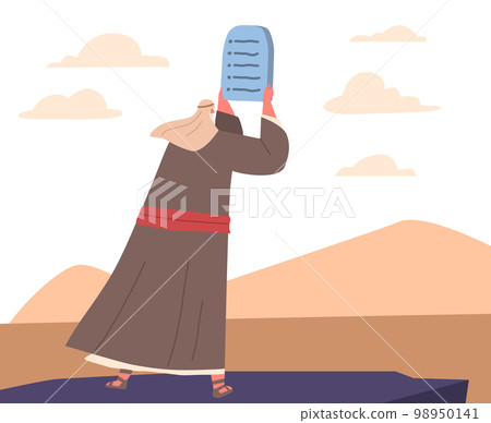 Moses Holding Tablets of Stone with Ten Commandments at Mount Sinai. God Giving Principles. Cartoon Vector Illustration Moses Holding Tablets of Stone with Ten Commandments at Mount Sinai. God Giving Principles. Cartoon Vector Illustration 98950141