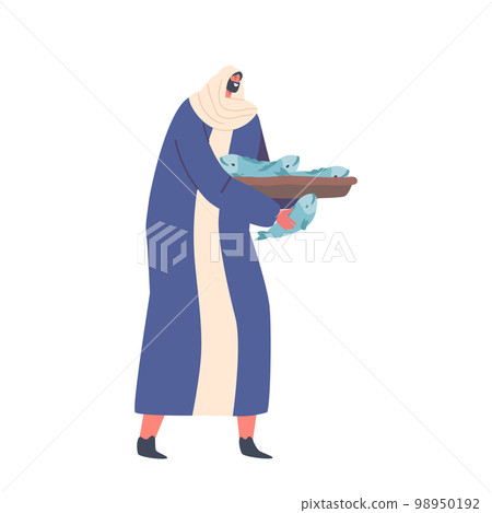 Cheerful Apostle of Jesus Christ Gives Fish to Hungry Listeners. New Testament Narrative. Cartoon Vector Illustration 98950192