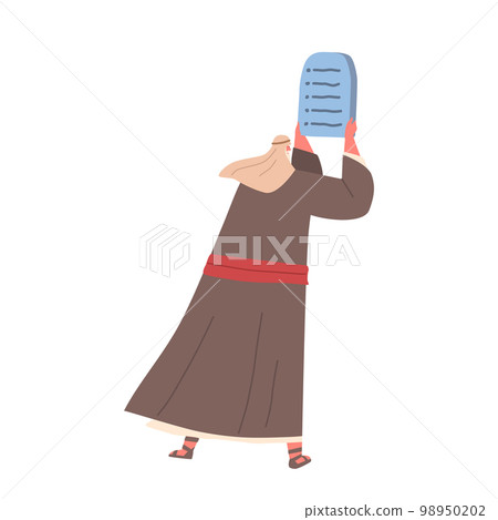 Moses Holds Tablets with Ten Commandments Standing at Sinai. Prophet Receiving Principles. Cartoon Vector Illustration Moses Holds Tablets with Ten Commandments Standing at Sinai. Prophet Receiving Principles. Cartoon Vector Illustration 98950202