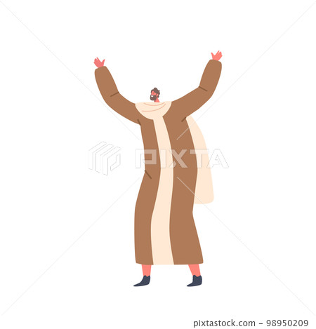 Ancient Jew Character Raising Hands Greeting Idol. Man Smiles Worshiping Golden Taurus. Cartoon Vector Illustration 98950209