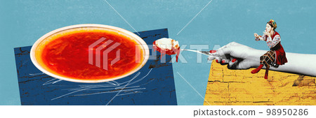 Contemporary art collage. Conceptual design. Beautiful young ukrainian girl in national clothes eating national dish - borsch 98950286