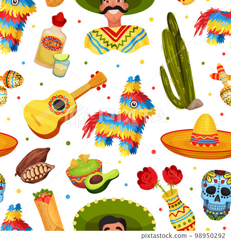 Ethnic Mexican Symbols Seamless Pattern Design with Traditional Objects Vector Template 98950292