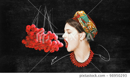 Contemporary art collage. Conceptual design. Beautiful young ukrainian girl eating viburnum, berry over black background 98950293