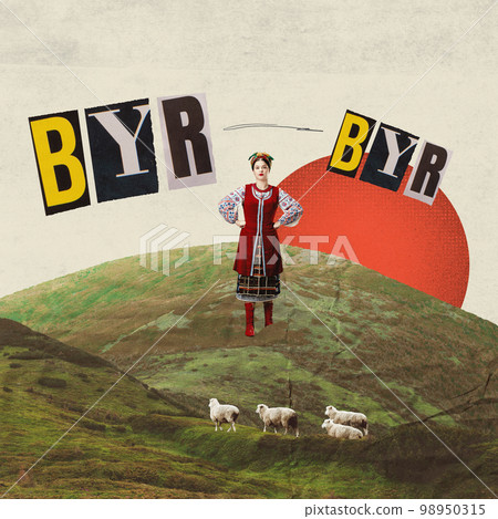 Contemporary art collage. Conceptual design. Beautiful ukrainian woman in national outfit with embroidered shirt standing on field and herding sheeps 98950315