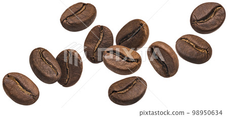 Falling coffee beans isolated on white background Falling coffee beans isolated on white background 98950634