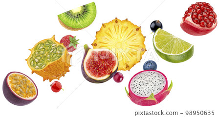 Falling exotic fruit slices isolated on white background Falling exotic fruit slices isolated on white background 98950635