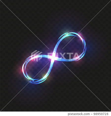 Vector multicolored blue and pink transparent magic glowing light infinity sign swirl trail on black background. Angled neon glitter fire spark spiral wavy line Vector multicolored blue and pink transparent magic glowing light infinity sign swirl trail on black background. Angled neon glitter fire spark spiral wavy line 98950728