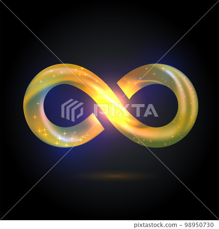 Golden yellow fusion swoosh ribbon infinity symbol. Vector 3d volume illustration on black background. Sparkle Infinity sign, Logo for presentation. Lighting neon glitter spark spiral wavy line. Golden yellow fusion swoosh ribbon infinity symbol. Vector 3d volume illustration on black background. Sparkle Infinity sign, Logo for presentation. Lighting neon glitter spark spiral wavy line. 98950730