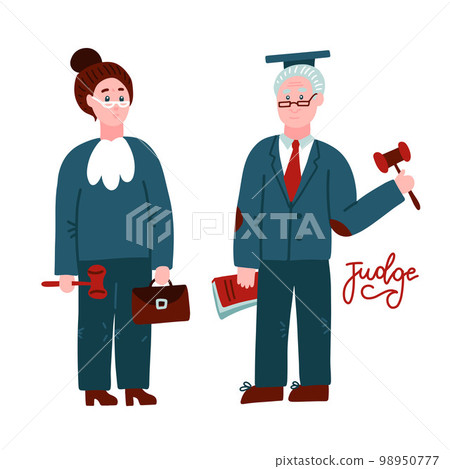Two judges woman and man.Court workers in judicial robe holding book and hummer. Law justice professional occupation concept. Hand drawn characters full length isolated. Flat vector illustration. Two judges woman and man.Court workers in judicial robe holding book and hummer. Law justice professional occupation concept. Hand drawn characters full length isolated. Flat vector illustration. 98950777