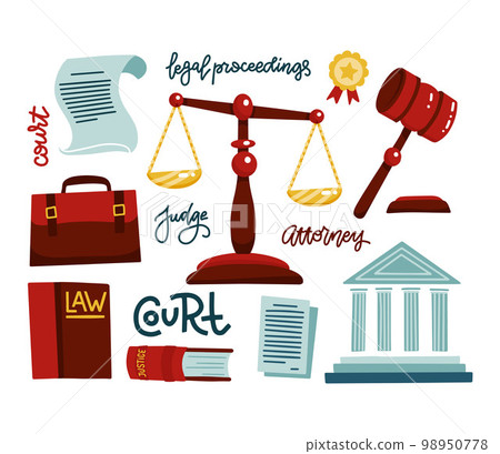 Symbols of legal regulations. Juridical icons set. Juridical, tribunal and judgment, law and gavel. Judges portfolio, courthouse. Flat vector illustration with hand drawn lettering legal proceedings Symbols of legal regulations. Juridical icons set. Juridical, tribunal and judgment, law and gavel. Judges portfolio, courthouse. Flat vector illustration with hand drawn lettering legal proceedings 98950778