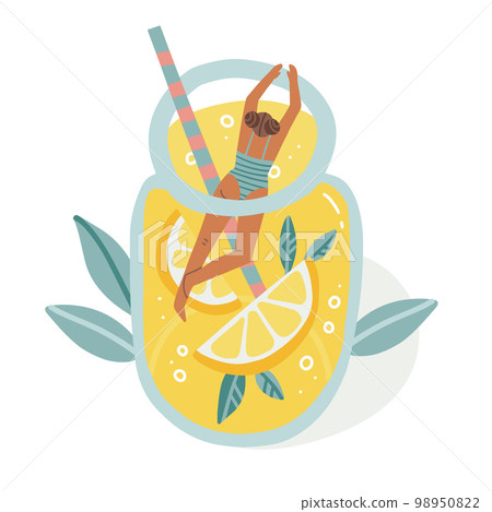 Tanned girl in swimming suit diving in lemonade drink. Glass jar with lemon slices. Cartoon comic girl in a citrus cocktail jag. Vector flat hand drawn illustration. 98950822