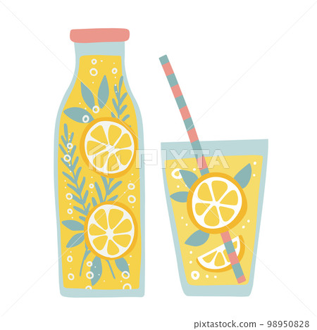 Set of glass and jug with yellow lemonade detox drink, fruit smoothie, organic lemonades with straws. Refreshing summer homemade beverages. Colored flat hand drawn vector illustration isolated 98950828
