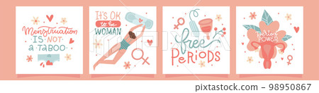 Set of cards with quotes about period with menstrual blood, panties, sanitary pad, tampon, reusable cup, female womb and flowers. Lettering compositions about menstruation. Vector flat illustrations. Set of cards with quotes about period with menstrual blood, panties, sanitary pad, tampon, reusable cup, female womb and flowers. Lettering compositions about menstruation. Vector flat illustrations. 98950867