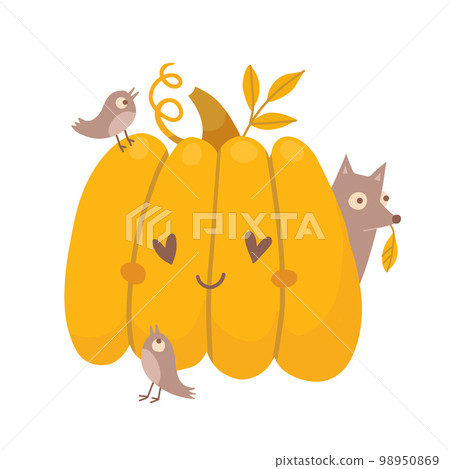 Cute pumpkins in love with birds and fox. Cute picture for Halloween or Thanksgiving. Autumn print concept. Vector flat hand drawn illustration isolated on white background. Cute pumpkins in love with birds and fox. Cute picture for Halloween or Thanksgiving. Autumn print concept. Vector flat hand drawn illustration isolated on white background. 98950869