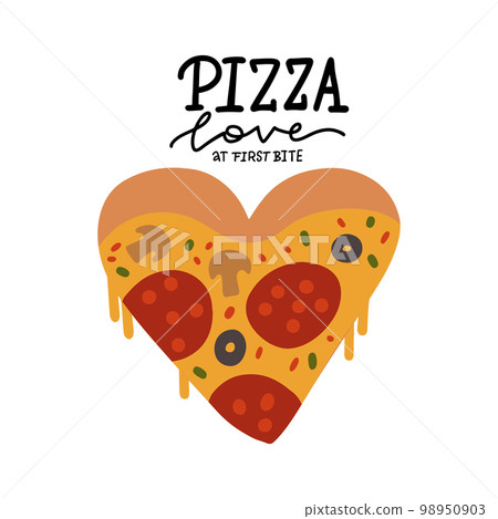 Modern Cartoon Style Pizza slice in heart shape with lettering text - Pizza love in first bite. Design element for Poster Banner decoration Menu, Cafe, delivery, Valentines Day. Isolated flat vector Modern Cartoon Style Pizza slice in heart shape with lettering text - Pizza love in first bite. Design element for Poster Banner decoration Menu, Cafe, delivery, Valentines Day. Isolated flat vector 98950903