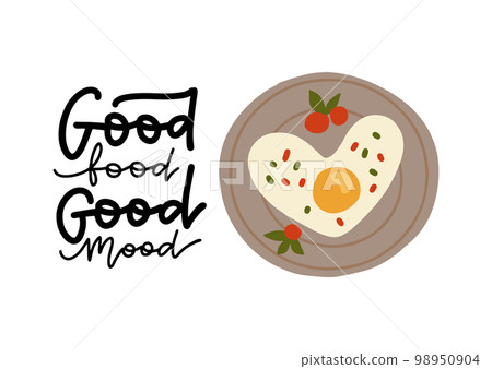 Morning breakfast with omelette egg in heart shape with lettering quote - good food, good mood. Vector flat illustration. 98950904