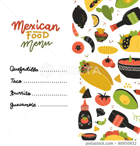 Mexican food menu design template. Square banner set. Mexican food cafe. Vector flaty hand drawn illustration. Fluer decorated with set of elements and lettering. 98950932