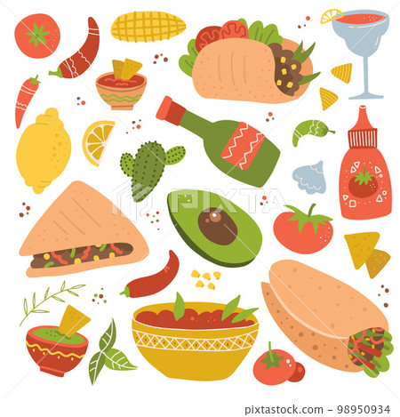 Set of Mexican food traditional menu icon, delicious recipes to cook, authentic cuisine, festival meal. Vector flat hand drawn cartoon illustration isolated on white background. Set of Mexican food traditional menu icon, delicious recipes to cook, authentic cuisine, festival meal. Vector flat hand drawn cartoon illustration isolated on white background. 98950934