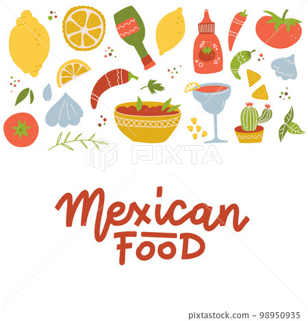 Set of Mexican national tradition food drink and features bright color flat icon isolated vector illustration. Hand drawn lettering Mexican food. 98950935