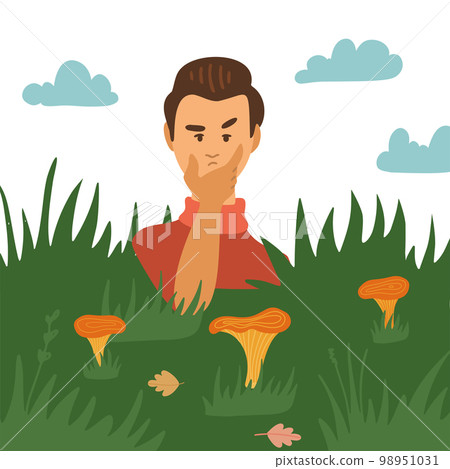 Doubting Man Looking at Mushrooms in grass. Mushroomer Character Spend Time Outdoors at Autumn Season picking chanterelles fungus. Fall Activity, Hobby. Cartoon flat Vector Illustration 98951031