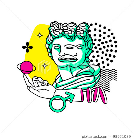 Psychedelic surreal colorful greek bust, ancient sculpture with cosmos in hands. Weird Y2K style collage. Cartoon vector illustration in trendy psychedelic trippy style. 98951089