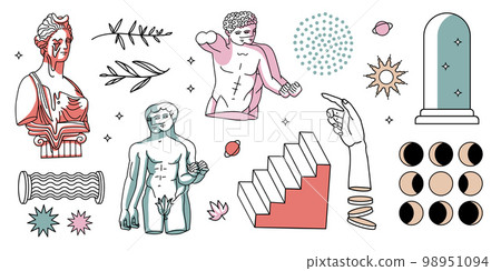 Set of linear Greek trippi sculptures surreal and antique. Contour vector illustration with abstract spots and shadows. Psychedelic emoticons in the style of the 1990s. Y2K silhouettes elements. 98951094