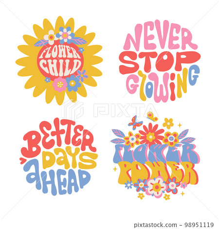 Set of four 70s lettering stickers. Retro graphic for T-shirt, posters, cards. Vintage typography letters with flowers. Flat hand drawn vector illustration. Set of four 70s lettering stickers. Retro graphic for T-shirt, posters, cards. Vintage typography letters with flowers. Flat hand drawn vector illustration. 98951119