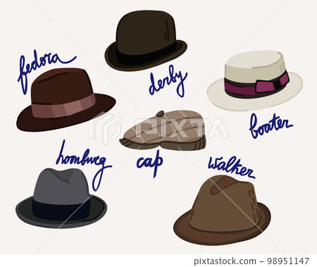 Retro man's hats. Vector collection of vintage hats of 1930-s. Fedora, derby, boater, homburg, cap, walker. 98951147