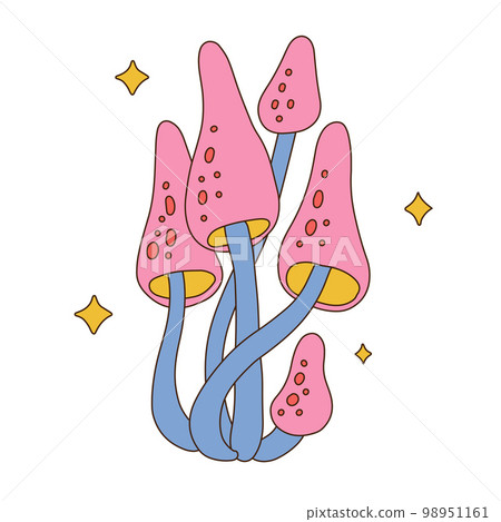 Isolated retro trippy bunch of fabulous poisonous toadstools mushrooms. 70s linear cartoon colorful illustration. 98951161