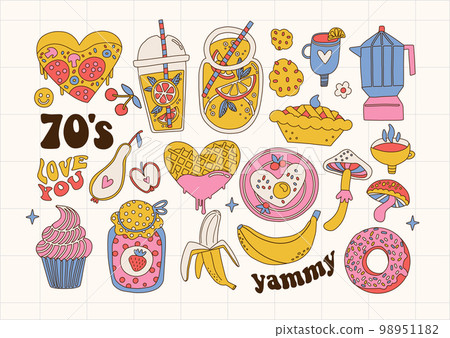 Set of yammy food and drinks in retro 70s groovy style . Colection of healthy and jank food. Sweet bevegares and cookies, lamonade and coffee. Vector contour hand drawn illustration. Set of yammy food and drinks in retro 70s groovy style . Colection of healthy and jank food. Sweet bevegares and cookies, lamonade and coffee. Vector contour hand drawn illustration. 98951182