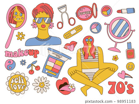 70s groovy makeup elements set. Home Beauty procedure. Cool Girl makes face care with shadows, lipstick, powder. Cosmetology retro concept with woman. Flat contour vector illustration 98951183