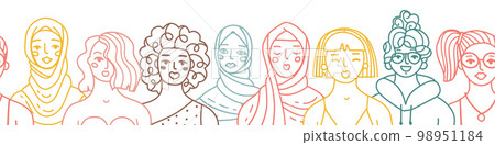 Hand drawn different female portraits seamless border. Trendy doodle women queue with abstract line shapes. Vector stylized linear illustration for IWD, Break the bias campaign. Hand drawn different female portraits seamless border. Trendy doodle women queue with abstract line shapes. Vector stylized linear illustration for IWD, Break the bias campaign. 98951184