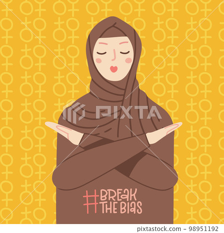 Muslim woman in hijab cross arms in protest. Break the bias banner for Women s international day. IWD campain. 8th march celebration. Women s Movement against discrimination. Vector illustration. Muslim woman in hijab cross arms in protest. Break the bias banner for Women s international day. IWD campain. 8th march celebration. Women s Movement against discrimination. Vector illustration. 98951192