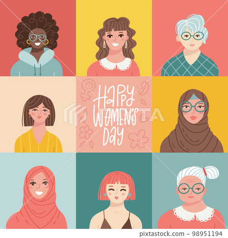 Happy Women s Day Greeting Card for 8 March. Multinational females characters portraits. Girls empowerment, support. Group of different nationalities and ages woman together. Flat vector illustration. Happy Women s Day Greeting Card for 8 March. Multinational females characters portraits. Girls empowerment, support. Group of different nationalities and ages woman together. Flat vector illustration. 98951194