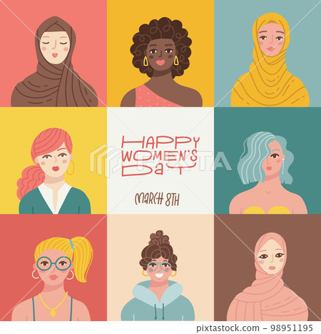 Happy Woman s international day greeting card. 8th march baner. IWD. Women with different skin color and ethnic groups in various color squares. Flat hand drawn vector illustration. Happy Woman s international day greeting card. 8th march baner. IWD. Women with different skin color and ethnic groups in various color squares. Flat hand drawn vector illustration. 98951195