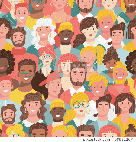 Trendy seamless pattern with young men and women with different skin color. Different people concept. Diversity flat vector illustration. 98951207