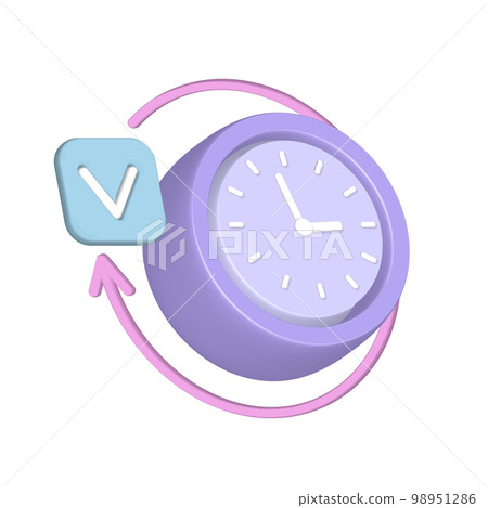 Classic clock icon with checkmark and round arrow. 3d render vector icon isolated on transparent background. Classic clock icon with checkmark and round arrow. 3d render vector icon isolated on transparent background. 98951286