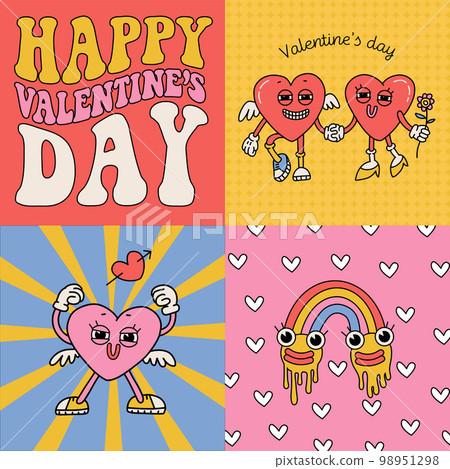 Set of square Valentine greeting cards in retro 60s 70s 80s groovy style. Groovy banner template for social media ig post. Heart characters and vintage font text. Vector flat contour illustration. Set of square Valentine greeting cards in retro 60s 70s 80s groovy style. Groovy banner template for social media ig post. Heart characters and vintage font text. Vector flat contour illustration. 98951298