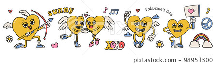 Groovy lovely yellow hearts characters set. Hippie love concept. Happy Valentines day elements. Funky heart mascots in trendy retro 80s 70s cartoon style. Vector hand drawn illustration Groovy lovely yellow hearts characters set. Hippie love concept. Happy Valentines day elements. Funky heart mascots in trendy retro 80s 70s cartoon style. Vector hand drawn illustration 98951300