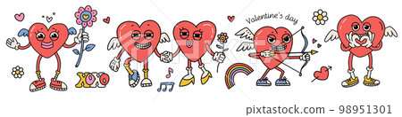 Trendy comic groovy valentines day sticker set of heart characters with wings. Cute and weird cupid mascots. Retro cartoon Valentines day design. 70s 80s aesthetics. Vector hand drawn illustration. 98951301