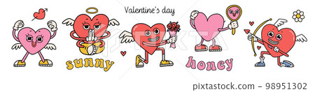 Groovy hippie love mascots set. Vintage happy Valentines day. Comic happy heart characters in trendy retro 80s 70s cartoon style. Retro cartoon characters and elements. Vector hand drawn illustration. 98951302