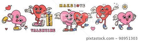 Groovy lovely hearts characters set. Love concept. Happy Valentines day mascots collection. Funky happy heart in trendy retro 80s 70s cartoon style. Vector flat illustration in pink red colors. Groovy lovely hearts characters set. Love concept. Happy Valentines day mascots collection. Funky happy heart in trendy retro 80s 70s cartoon style. Vector flat illustration in pink red colors. 98951303