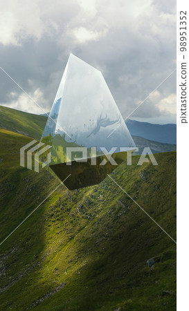 Beautiful landscape of green mountains in spring, summer with futuristic crystal figure design element. Wallpaper, background, poster 98951352