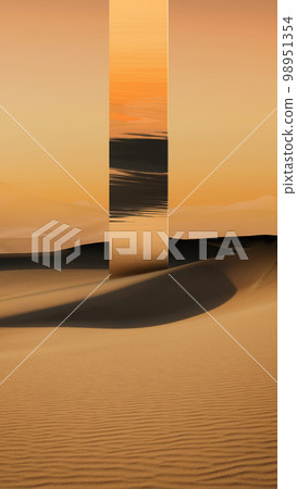 Sand. Sunset. Beautiful landscape of desert with futuristic figure design element. Abstract art. Wallpaper, background, poster 98951354