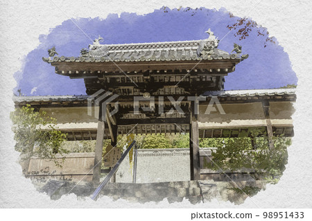 Watercolor style Hosenji Temple Sannomon Ibara City, Okayama Prefecture Watercolor style Hosenji Temple Sannomon Ibara City, Okayama Prefecture 98951433