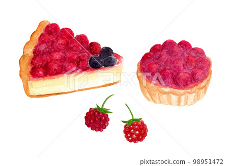 Hand drawn watercolor raspberry tart cross section and small tarts 98951472