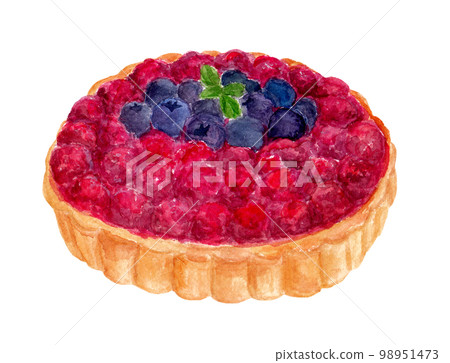 Hand drawn watercolor raspberry tart 98951473