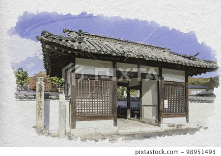 岡山縣井原市水彩風格的法泉寺正門 98951493
